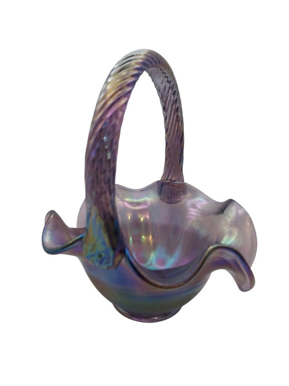 Fenton Carnival Glass Basket Purple Amethyst Rope Handle Ruffled Vintage Signed